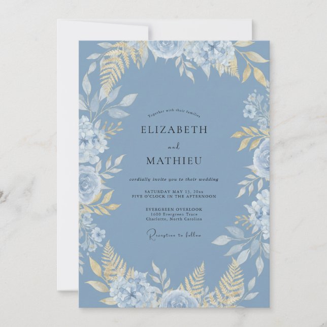 Invitation Noces Feuilles Dorées Bleuet (Devant)