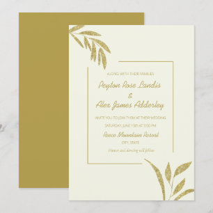 Invitation Noces feuilles dorées crème vert olive moderne