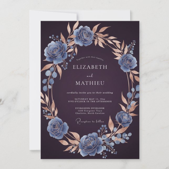 Invitation Noces Feuilleuses Acier et Prune (Devant)