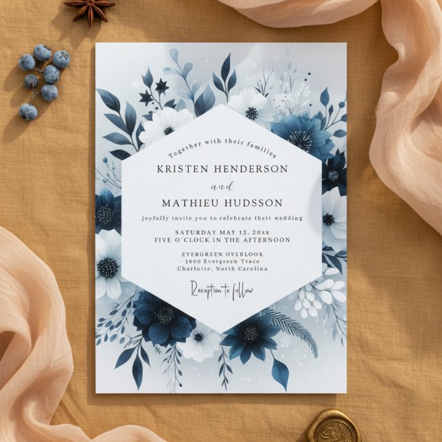 Invitation Noces Fleur Celeste Navy (Créateur téléchargé)