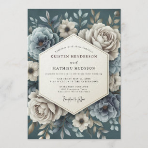 Invitation Noces Fleur de Porcelaine Bleu Ardoise
