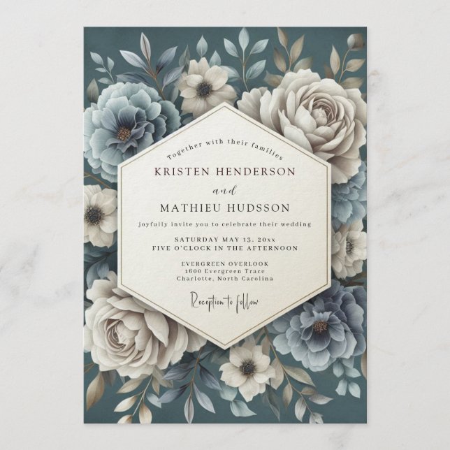 Invitation Noces Fleur de Porcelaine Bleu Ardoise (Devant)