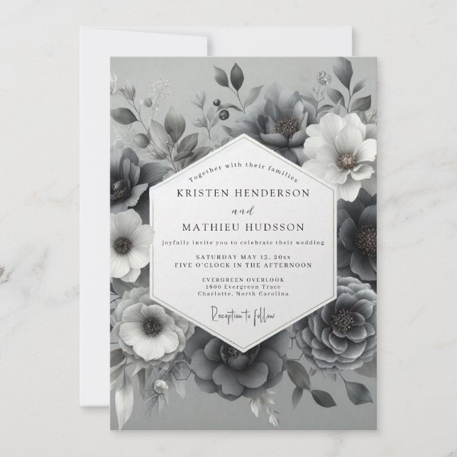 Invitation Noces Fleur Éthérée Gris Ardoise (Devant)