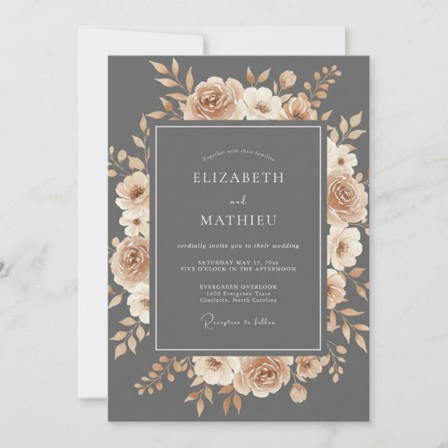 Invitation Noces Fleur Romance Slate Peach (Devant)