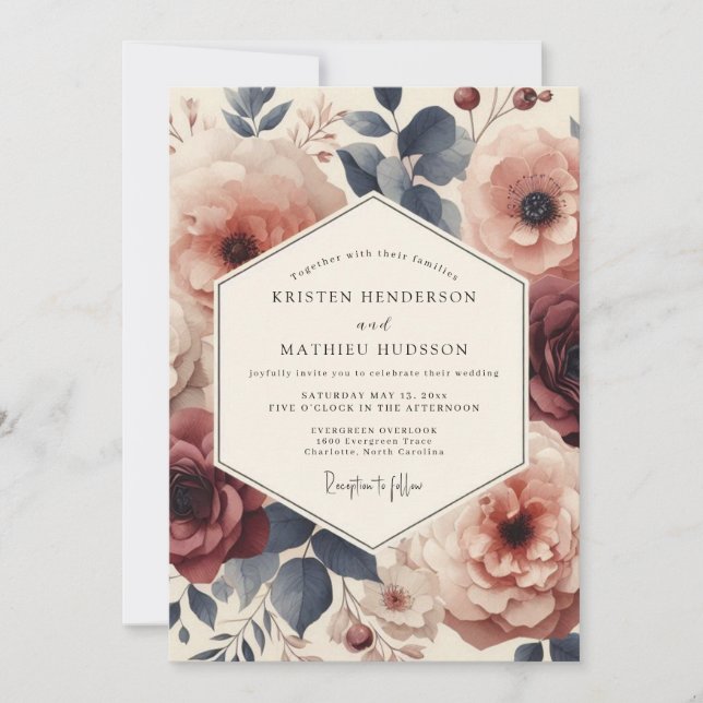 Invitation Noces Fleur Romantique Ardoise Bourgogne (Devant)