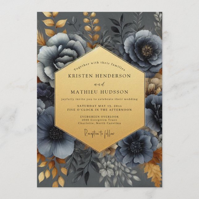Invitation Noces Fleuraison Nocturne Bleu Ardoise (Devant)