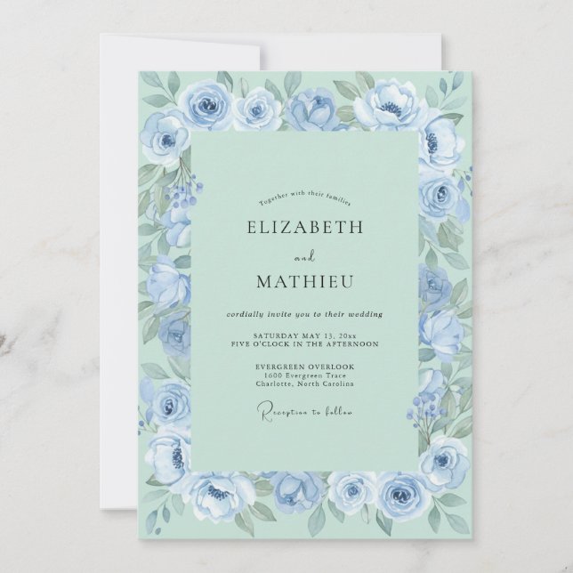Invitation Noces Fleurales Éthérées Bleuet Menthe (Devant)