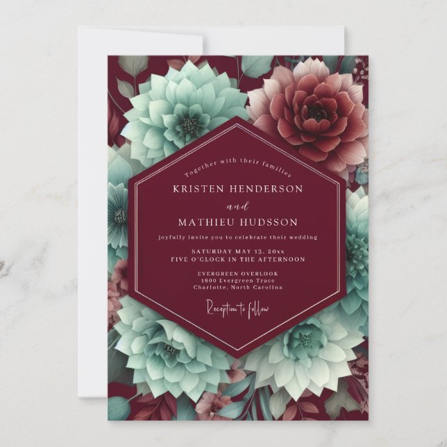Invitation Noces Fleurie Aquamarine Claret (Devant)