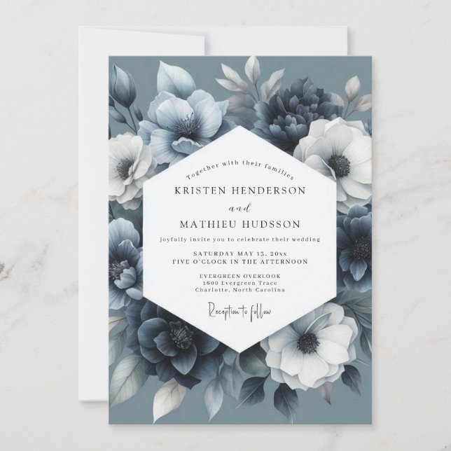 Invitation Noces Fleurie Bleu Ardoise Maussade (Devant)
