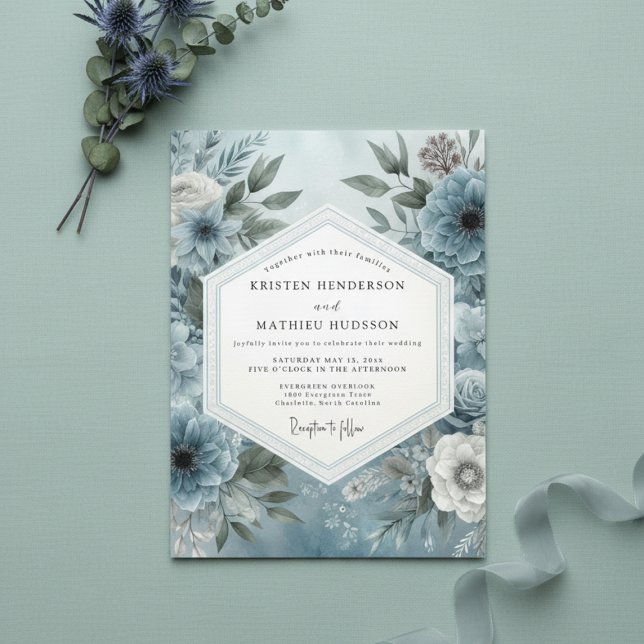 Invitation Noces Fleurie Bleu Ardoise Maussade (Créateur téléchargé)