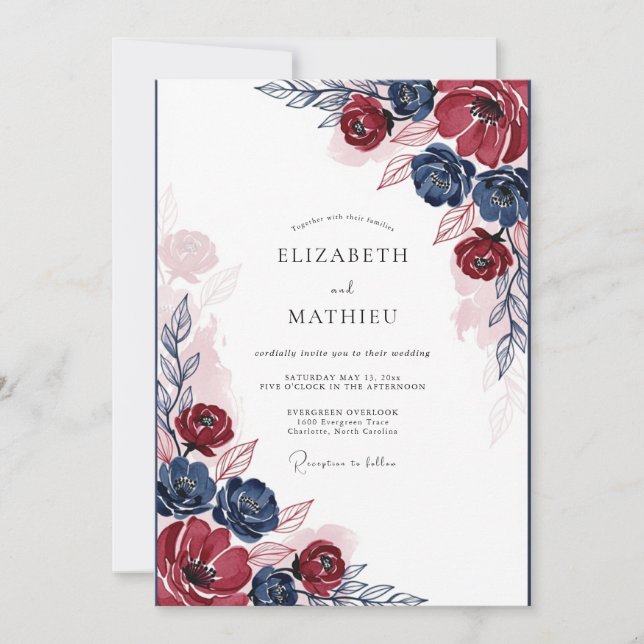 Invitation Noces Fleurie Burgundy Navy dans le Style d'un Tab (Devant)