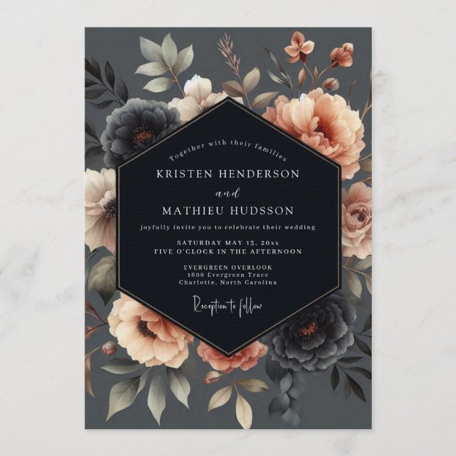 Invitation Noces Fleurie Charbon Pêche Humeur (Devant)