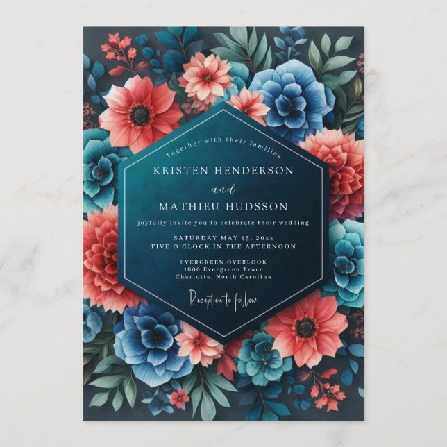 Invitation Noces Fleurie Corail Saphir Audacieuse (Devant)