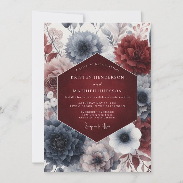 Invitation Noces Fleurie de Nocturne Cramoisi (Devant)
