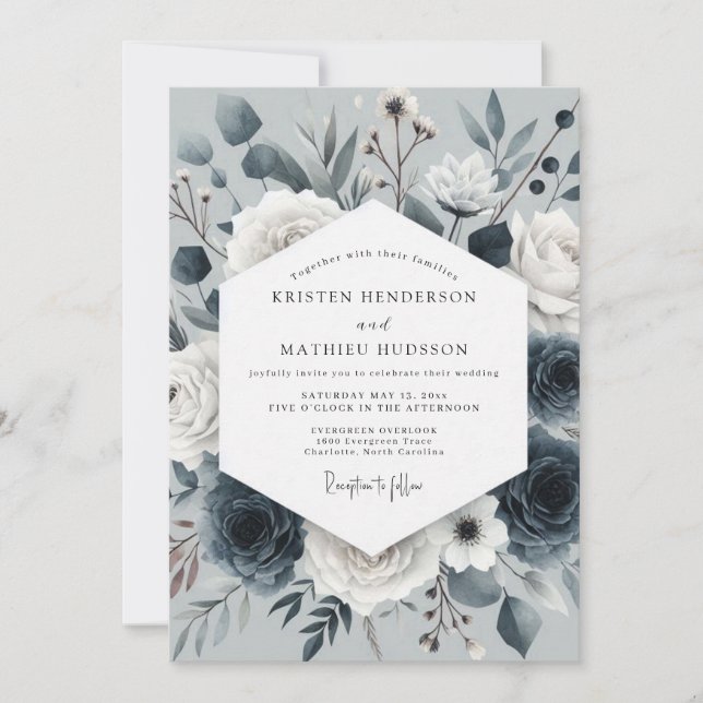 Invitation Noces Fleurie Nocturne Bleu Ardoise (Devant)
