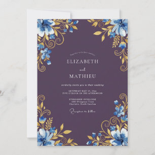 Invitation Noces Fleurie Or Bleu Romance