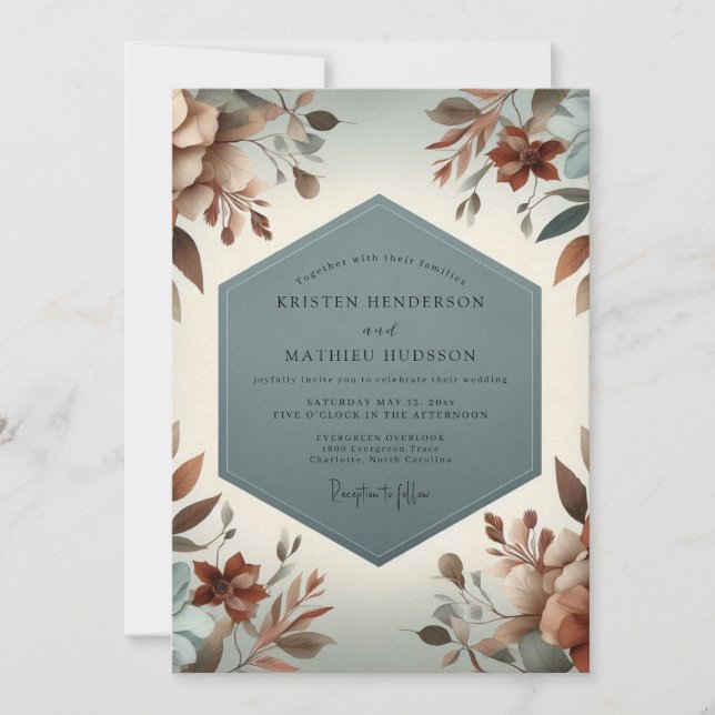 Invitation Noces Fleurie Rustique Bleu Ardoise (Devant)
