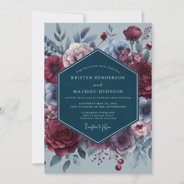Invitation Noces Fleurie Slate Crimson Somber Flora (Devant)