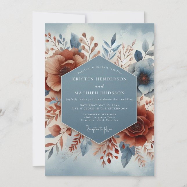 Invitation Noces Fleuries en Terre Cuite Bleu Ardoise (Devant)