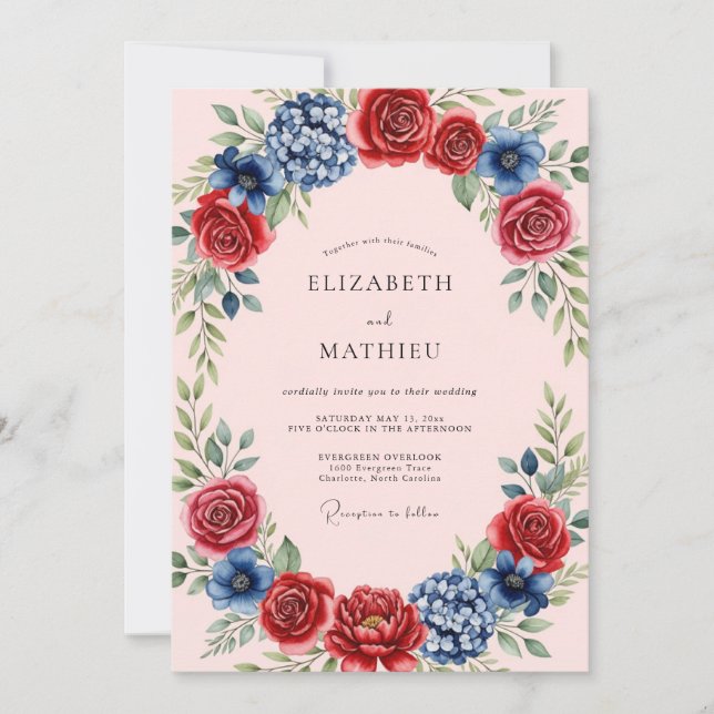 Invitation Noces Fleuries Indigo Carmine Pittoresques (Devant)