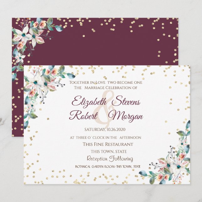 Invitation Noces Fleurs de Bourgogne Diamants Dorés (Devant / Derrière)