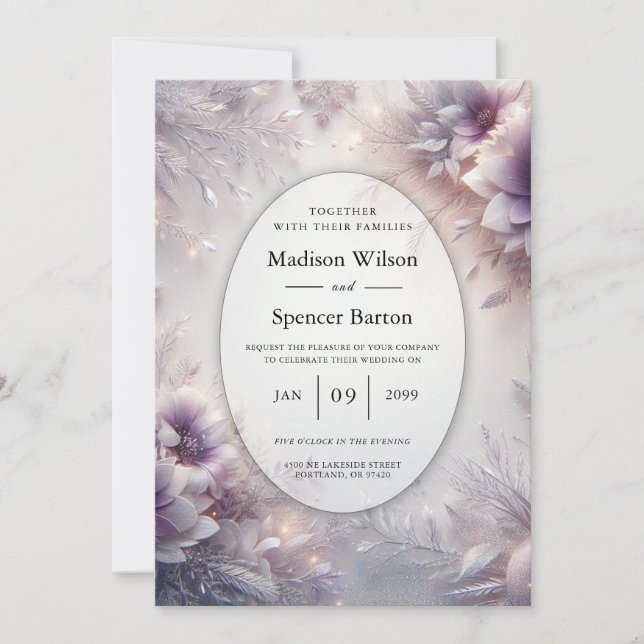 Invitation Noces Fleurs d'Hiver Améthyste Douce et Argentée (Devant)