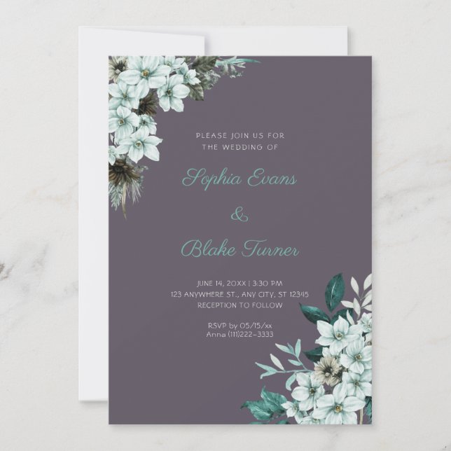 Invitation Noces Fleurs Vertes Rustiques Bohème Gris Fumée (Devant)