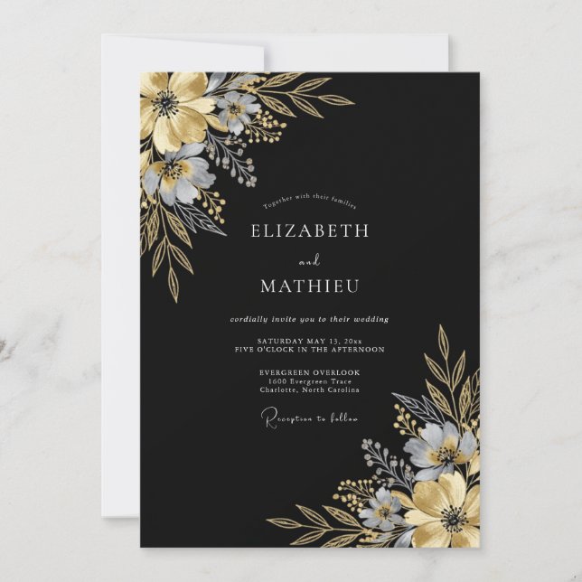 Invitation Noces Florales Fantaisie Or Noir (Devant)
