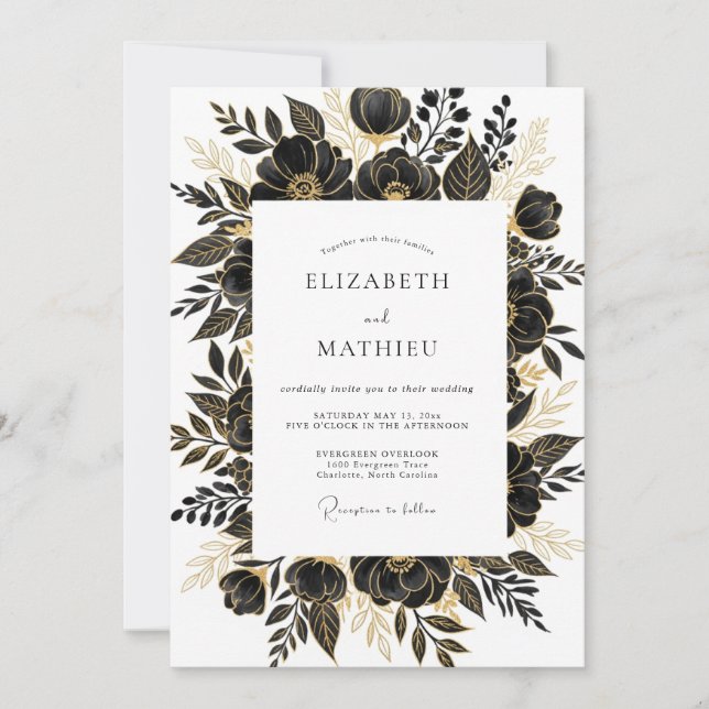 Invitation Noces florales glamour or noir (Devant)
