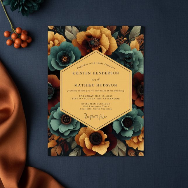 Invitation Noces Florales Nocturnes Teal Ambre (Créateur téléchargé)
