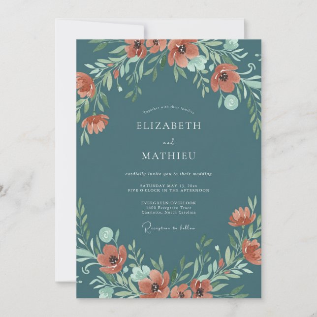 Invitation Noces Florales Rouille Bleu Acier (Devant)