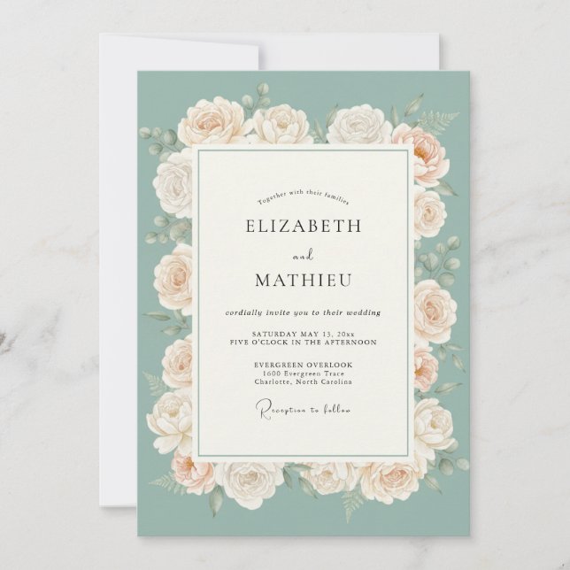 Invitation Noces Florales Vert Mousses Romantiques (Devant)