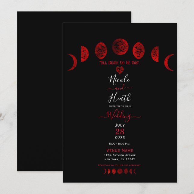 Invitation Noces gothiques aux phases de lune rouge foncé et  (Devant / Derrière)