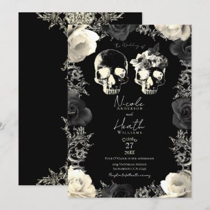 Invitation Noces gothiques crâne de squelette gris crème noir