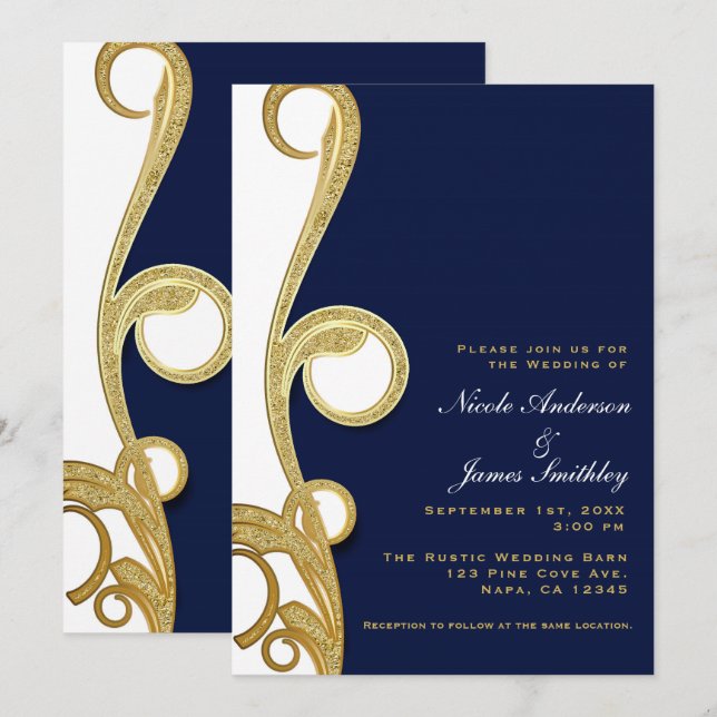 Invitation Noces Mariage Tourbillon Élégant Chic Bleu Marine  (Devant / Derrière)