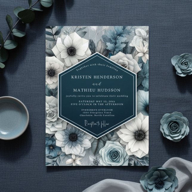 Invitation Noces Nocturne Fleur Bleu Ardoise (Créateur téléchargé)