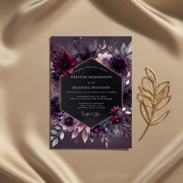 Invitation Noces Nocturne Florale à la Prune Moody (Créateur téléchargé)