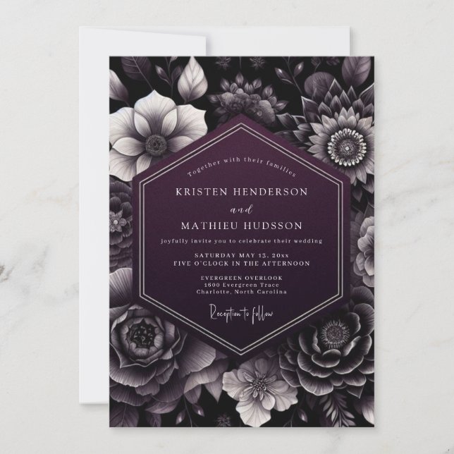 Invitation Noces Nocturne Florale Foncé de Prune (Devant)
