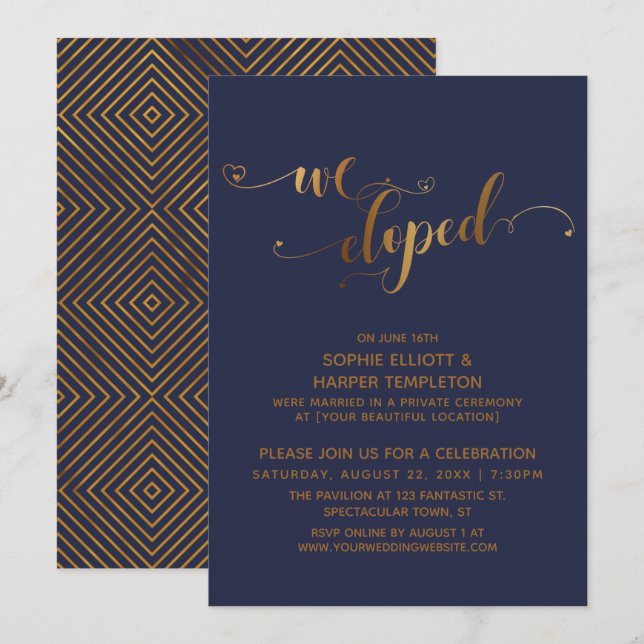 Invitation Noces Or et Marine : notre célébration après-elope (Devant / Derrière)