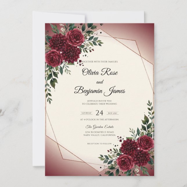 Invitation Noces Or Paeonia Rouge (Devant)