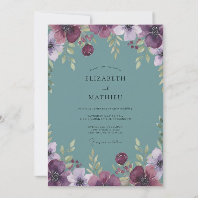 Invitation Noces Paeonie Acier Prune (Devant)