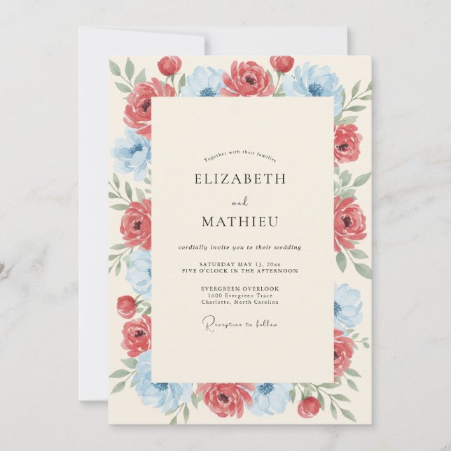 Invitation Noces Paeonie Azur Crimson (Devant)
