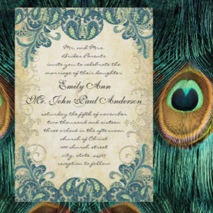 Invitation Noces Paon Paisley Bleu Vert Or Sans Paon