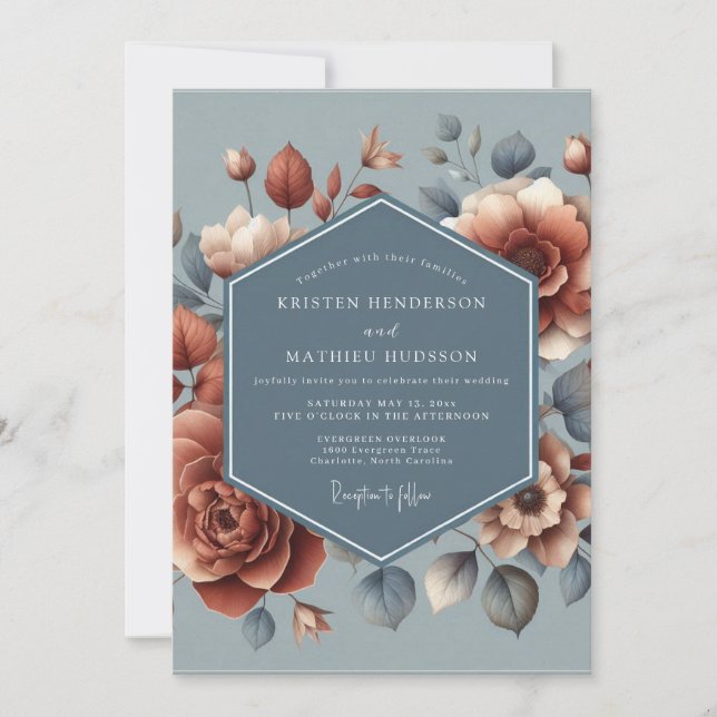 Invitation Noces peinturlurées bleu ardoise rouille (Devant)