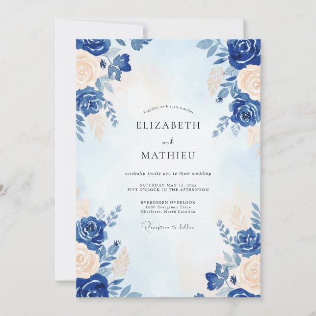 Invitation Noces Pétales de Crème de Cobalt (Devant)