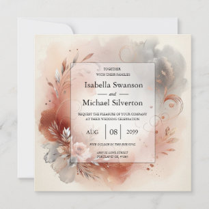 Invitation Noces Pétales Rougissants et Tourbillons d'Argent