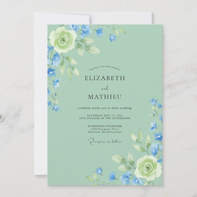 Invitation Noces Pivoine Céladon Bleuet (Devant)