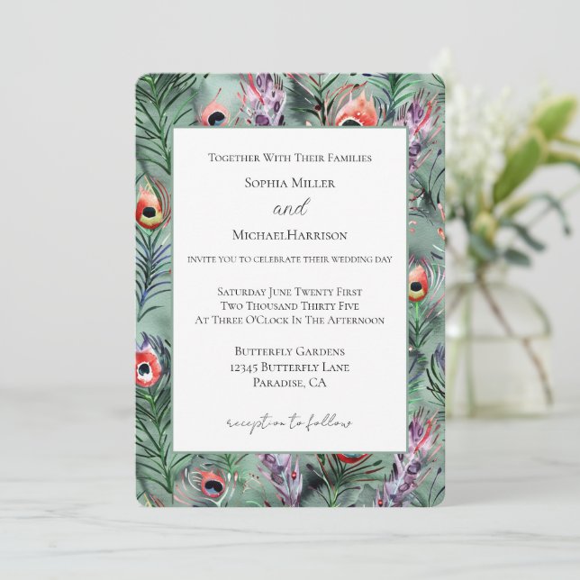 Invitation Noces Plumes de Paon Vert Rouge (Debout devant)