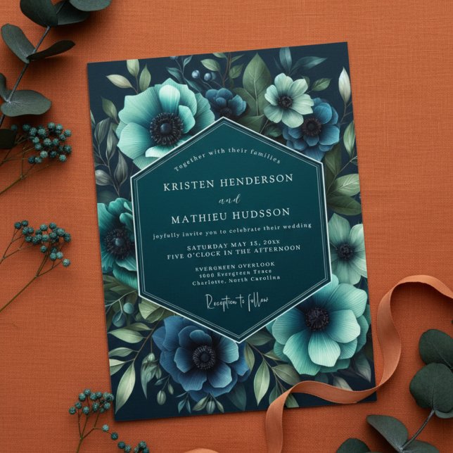 Invitation Noces Romance Moody Anémone Turquoise (Créateur téléchargé)