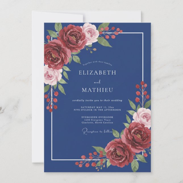 Invitation Noces Romance Navy Crimson Blossom (Devant)